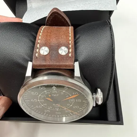 TORGOEN TN-1209U T47 Jumbo Green Sapphire GMT 47mm Brown Leather Strap New - Picture 6 of 11